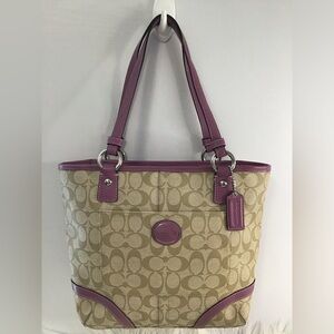 Coach Peyton Lavender Beige Signature Logo Print Tote Heritage Handbag YKK